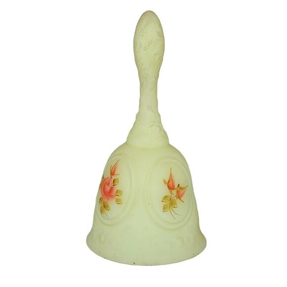 Fenton Glass Custard Medallion Bell with Hand Painted Orange Roses - Picture 1 of 11